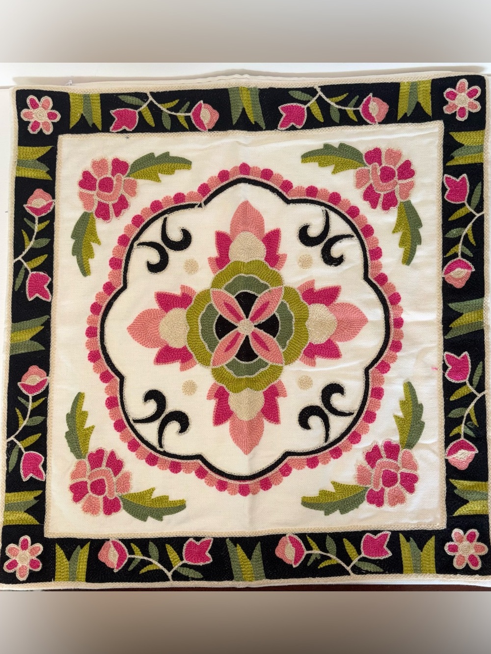 Floral Embroidered Decorative Pillow Cover - Pink, Green & Black